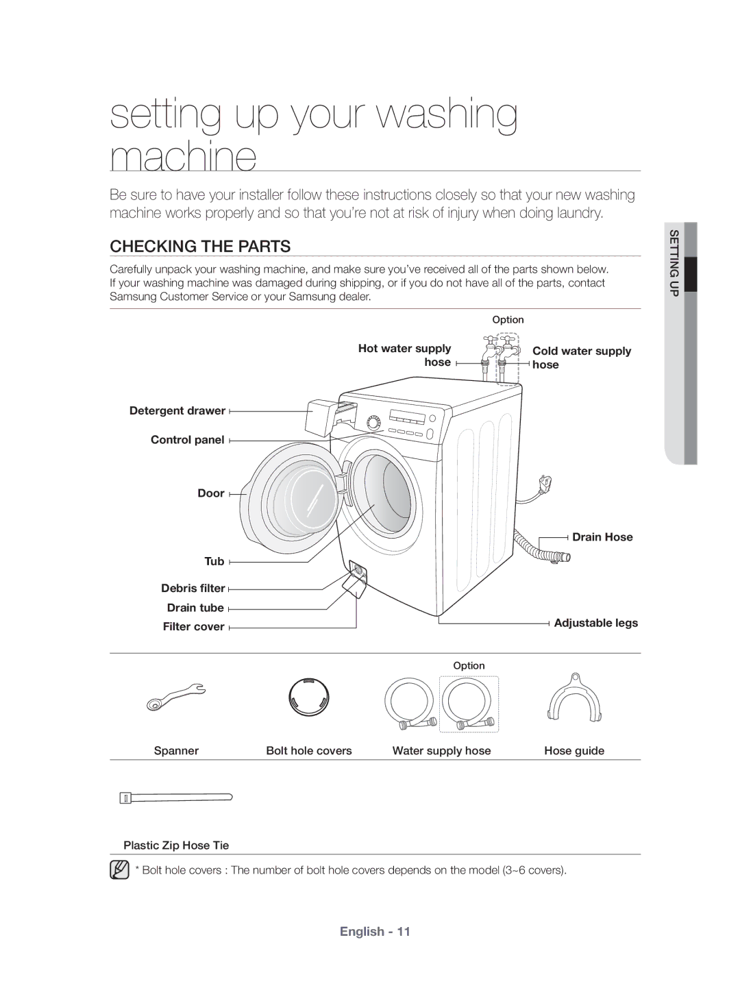 Samsung WF431ABP/XEU manual Setting up your washing machine, Checking the Parts 