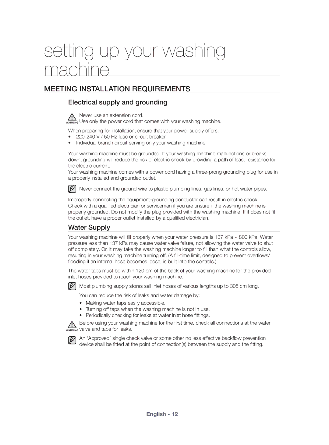 Samsung WF431ABP/XEU manual Meeting Installation Requirements, Electrical supply and grounding, Water Supply 