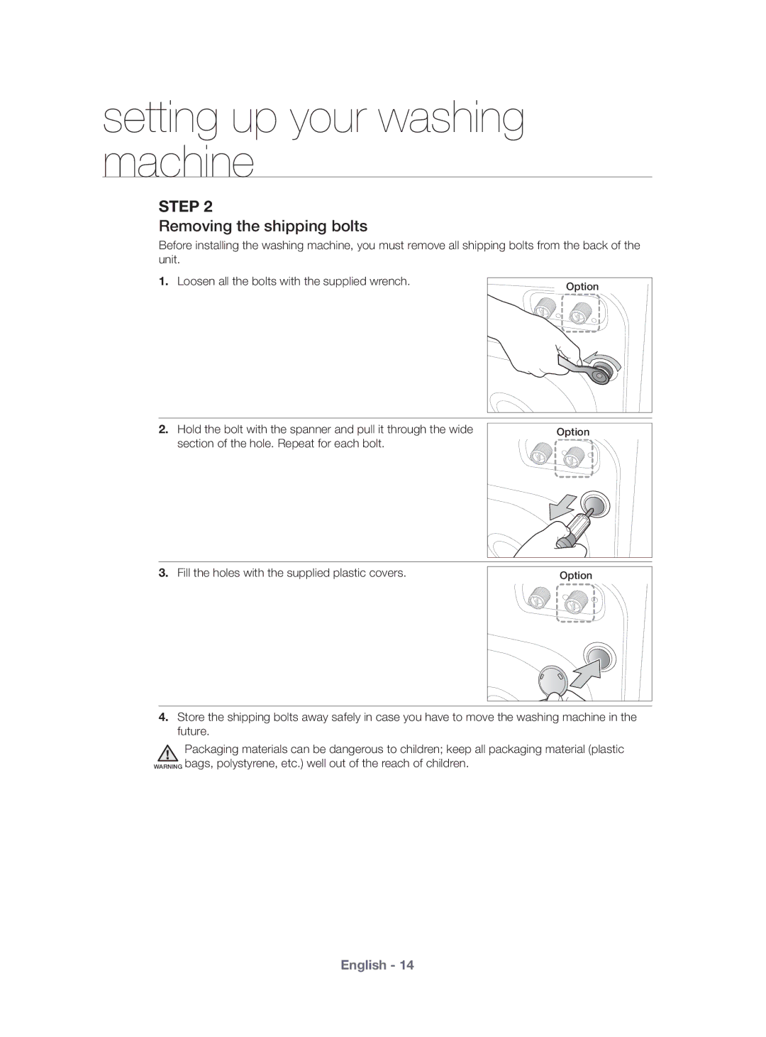 Samsung WF431ABP/XEU manual Removing the shipping bolts 