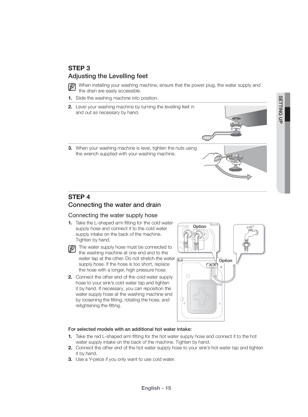 Samsung WF431ABP/XEU manual Adjusting the Levelling feet, Connecting the water and drain 