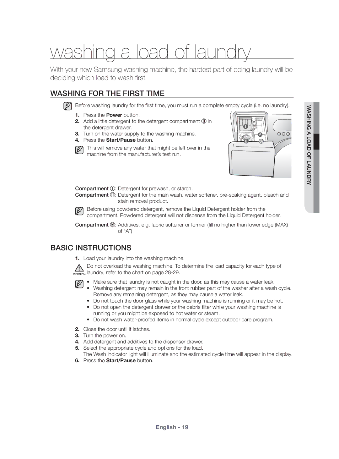 Samsung WF431ABP/XEU manual Washing a load of laundry, Washing for the First Time, Basic Instructions 