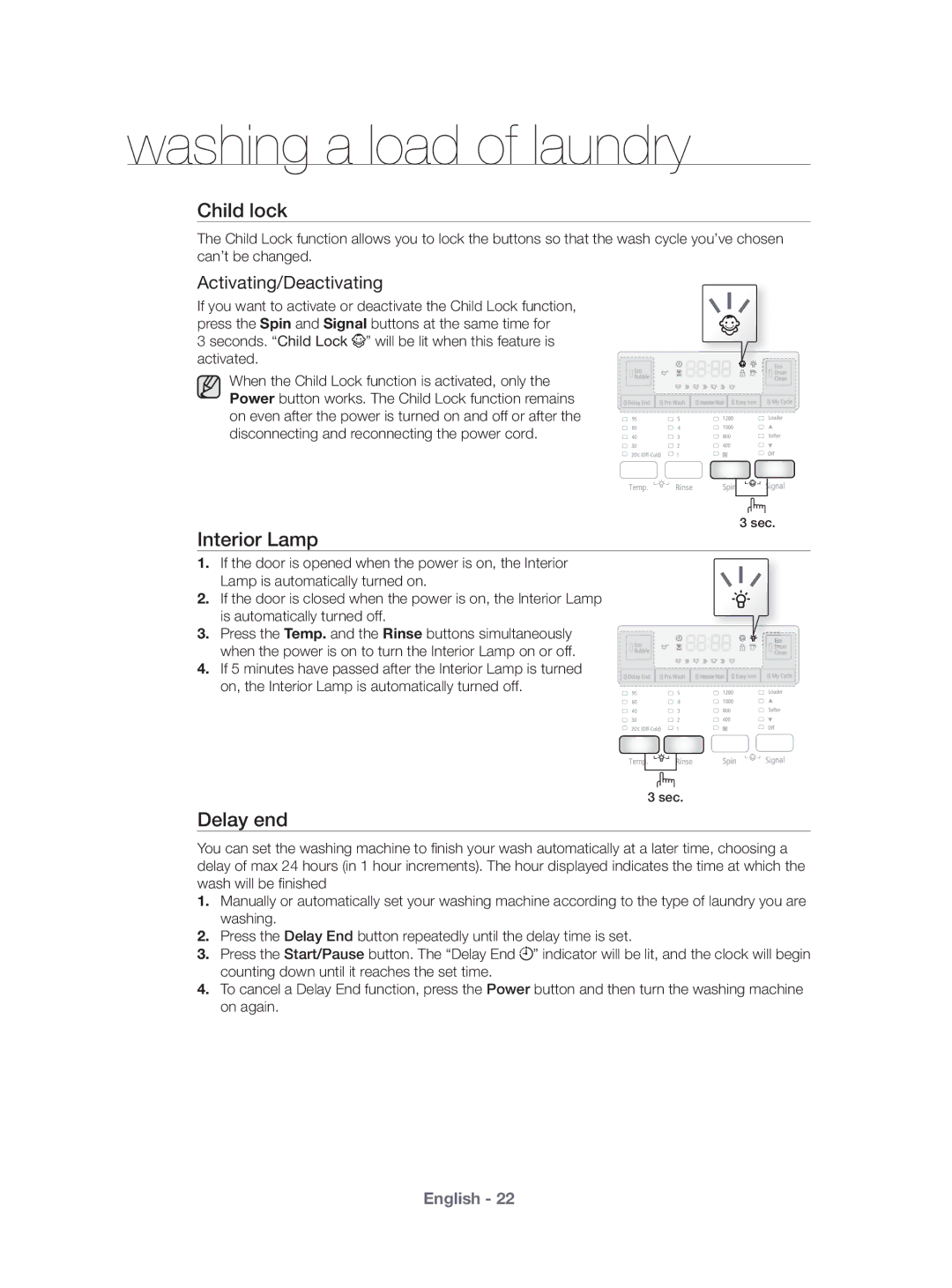 Samsung WF431ABP/XEU manual Child lock, Interior Lamp, Delay end 