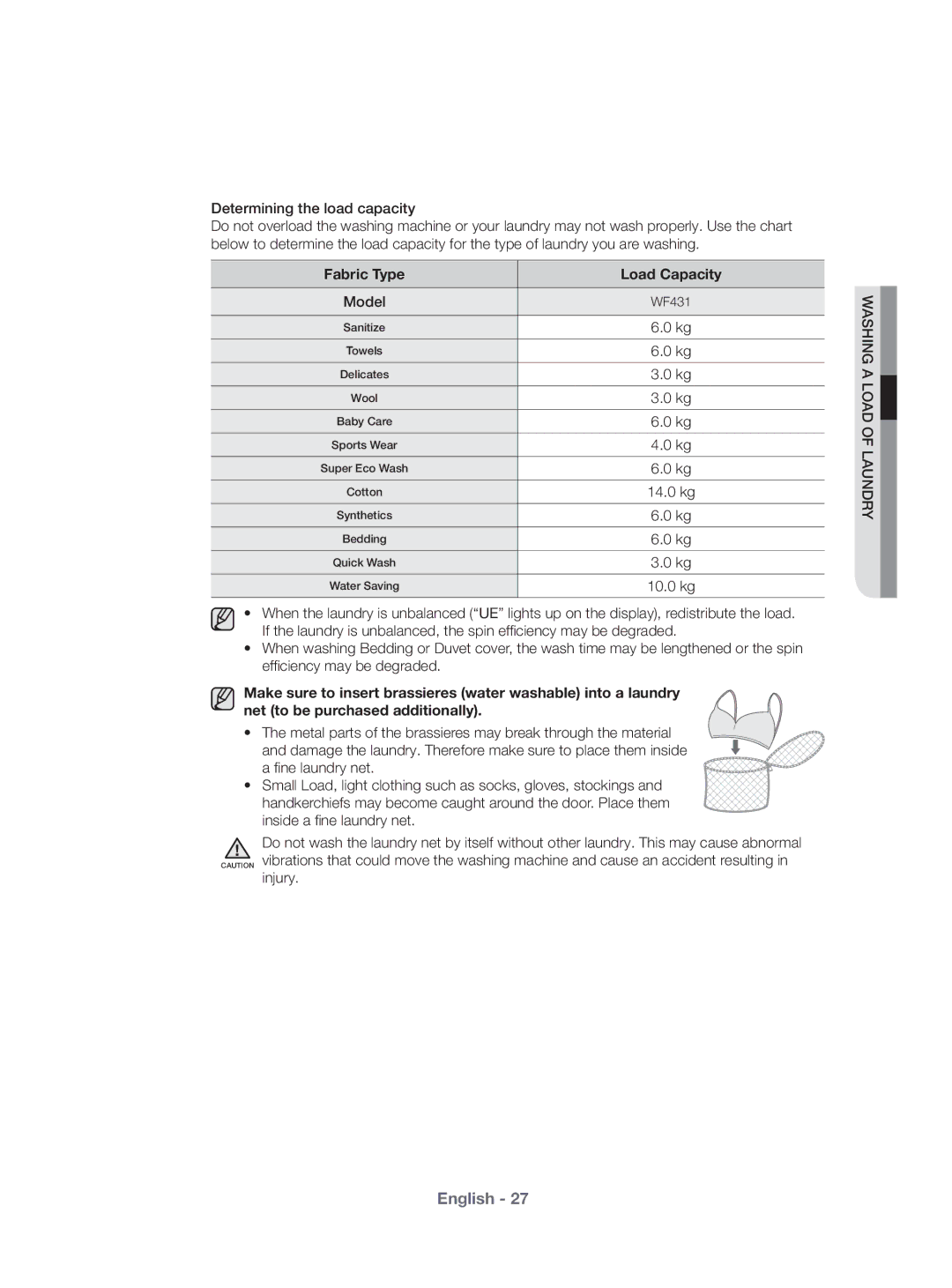 Samsung WF431ABP/XEU manual Fabric Type Load Capacity 