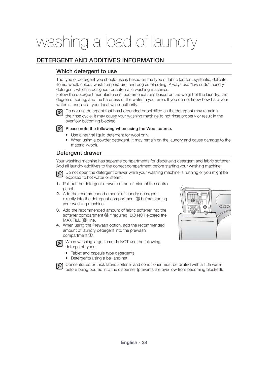 Samsung WF431ABP/XEU manual Detergent and Additives Information, Which detergent to use, Detergent drawer 