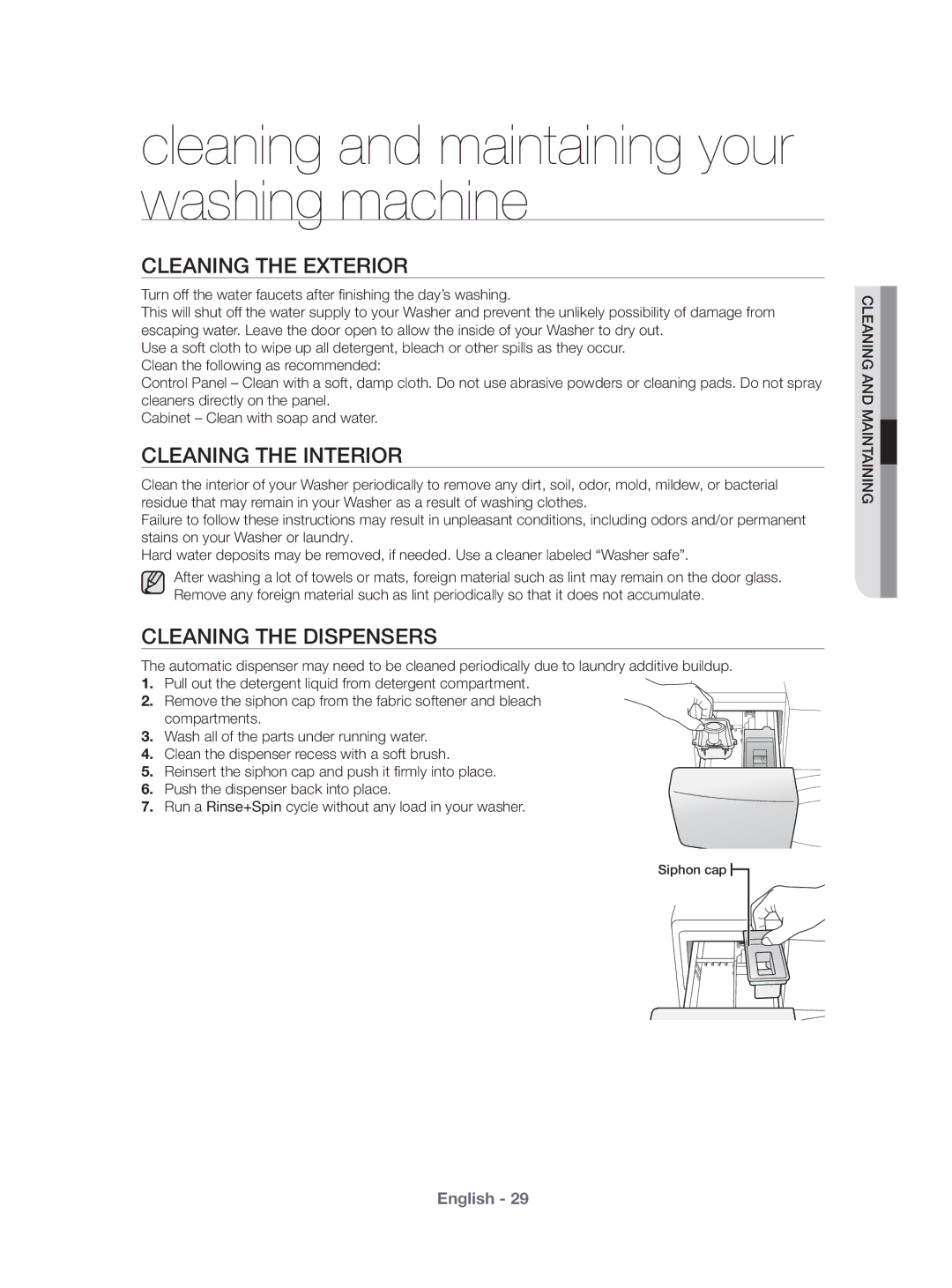 Samsung WF431ABP/XEU manual Cleaning and maintaining your washing machine, Cleaning the Exterior, Cleaning the Interior 