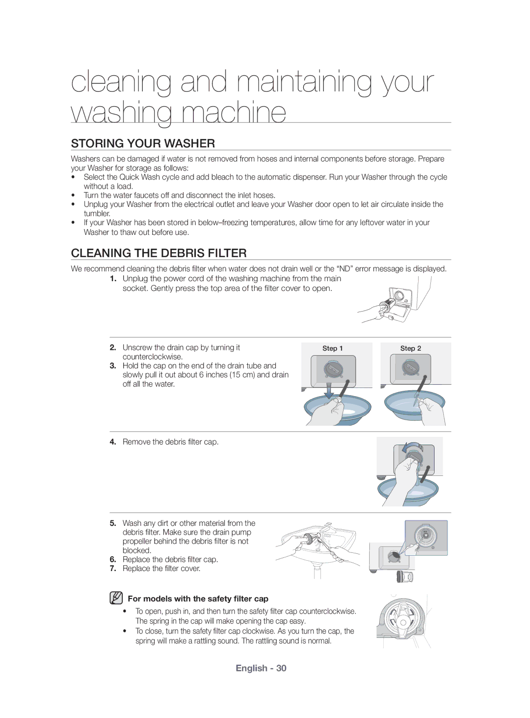 Samsung WF431ABP/XEU manual Storing Your Washer, Cleaning the Debris Filter 