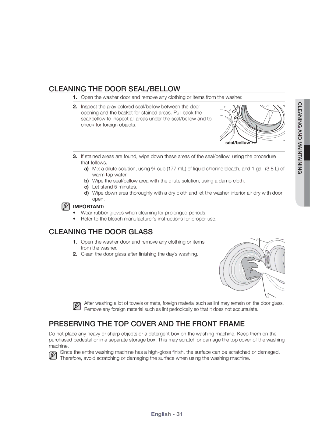 Samsung WF431ABP/XEU Cleaning the Door SEAL/BELLOW, Cleaning the Door Glass, Preserving the TOP Cover and the Front Frame 