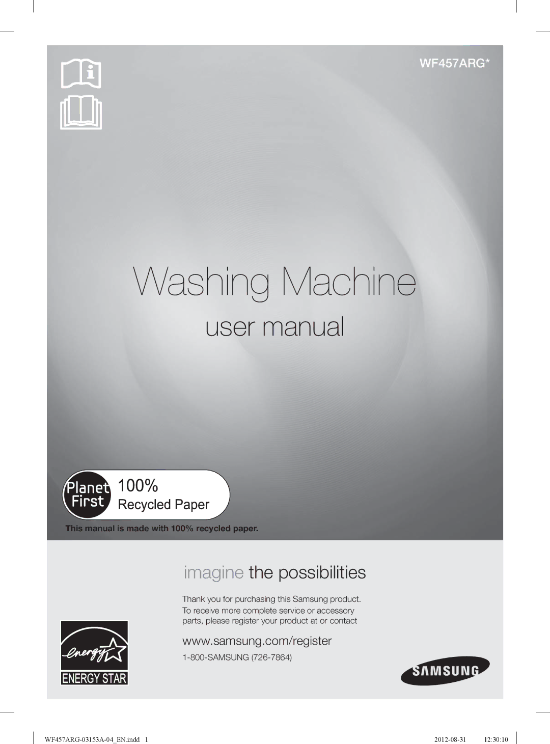 Samsung WF457ARGSGR user manual This manual is made with 100% recycled paper, Samsung 