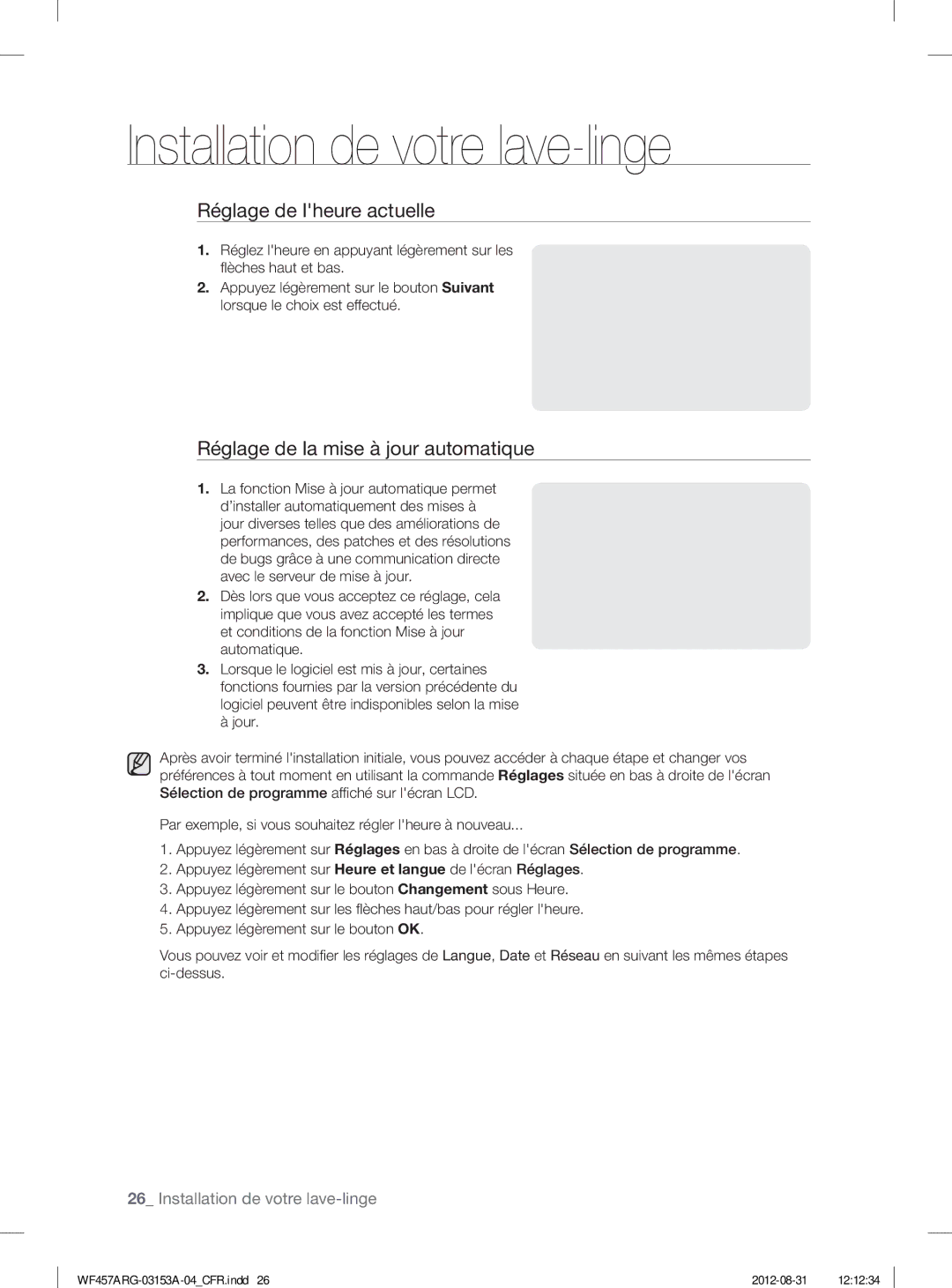 Samsung WF457ARGSGR user manual Réglage de lheure actuelle, Réglage de la mise à jour automatique 