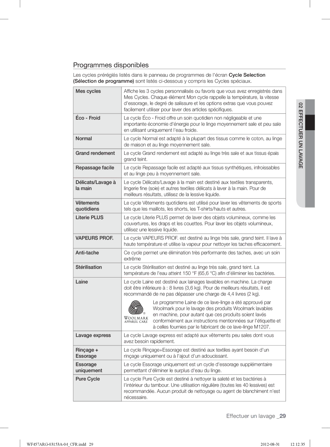 Samsung WF457ARGSGR user manual Programmes disponibles 