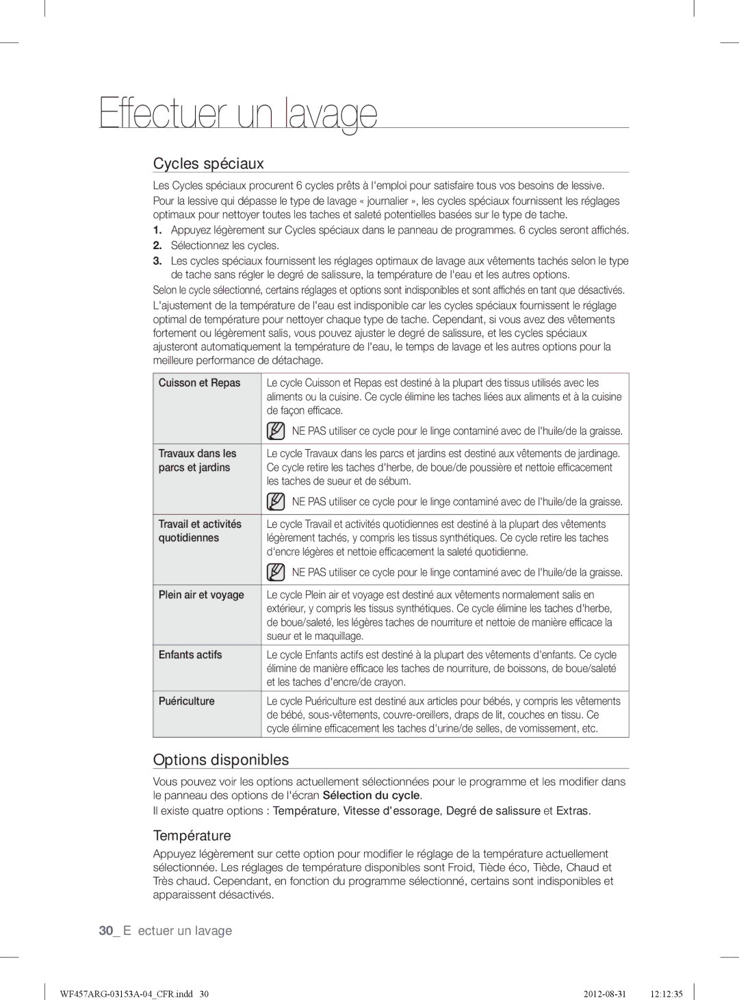 Samsung WF457ARGSGR user manual Cycles spéciaux, Options disponibles, Température 