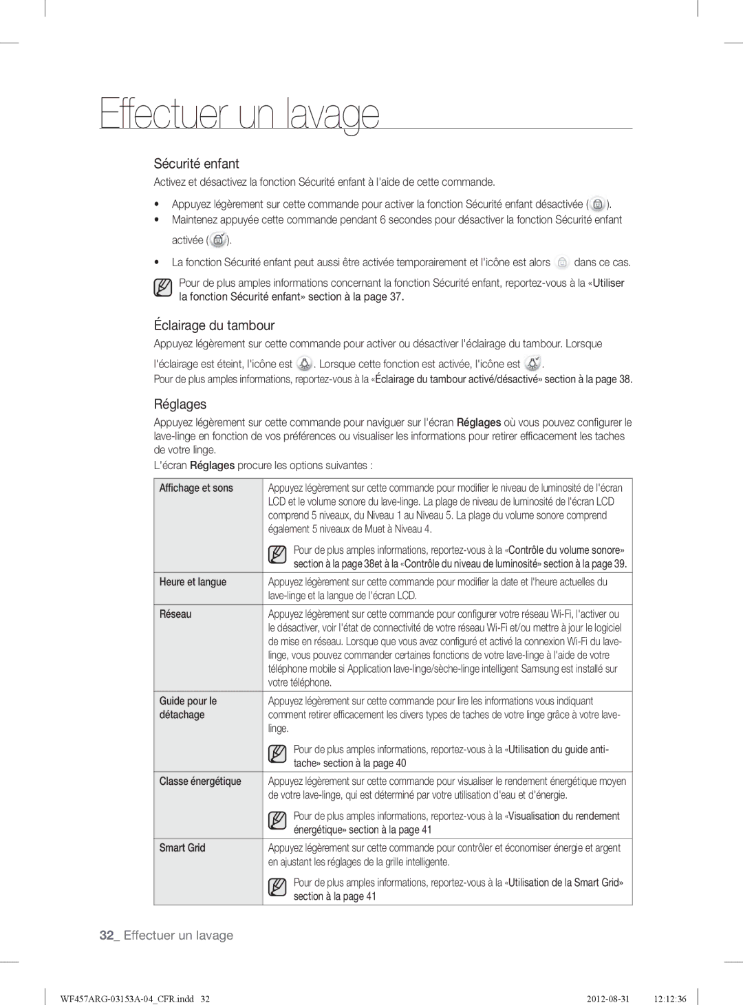 Samsung WF457ARGSGR user manual Sécurité enfant, Éclairage du tambour, Réglages 