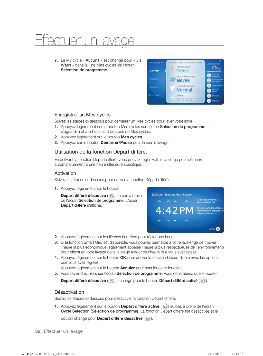 Samsung WF457ARGSGR Utilisation de la fonction Départ différé, Enregistrer un Mes cycles, Activation, Désactivation 