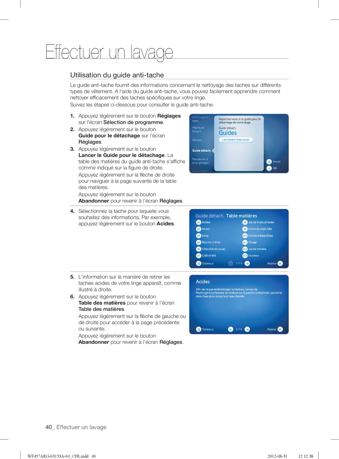 Samsung WF457ARGSGR Utilisation du guide anti-tache, Table des matières pour revenir à lécran Table des matières 