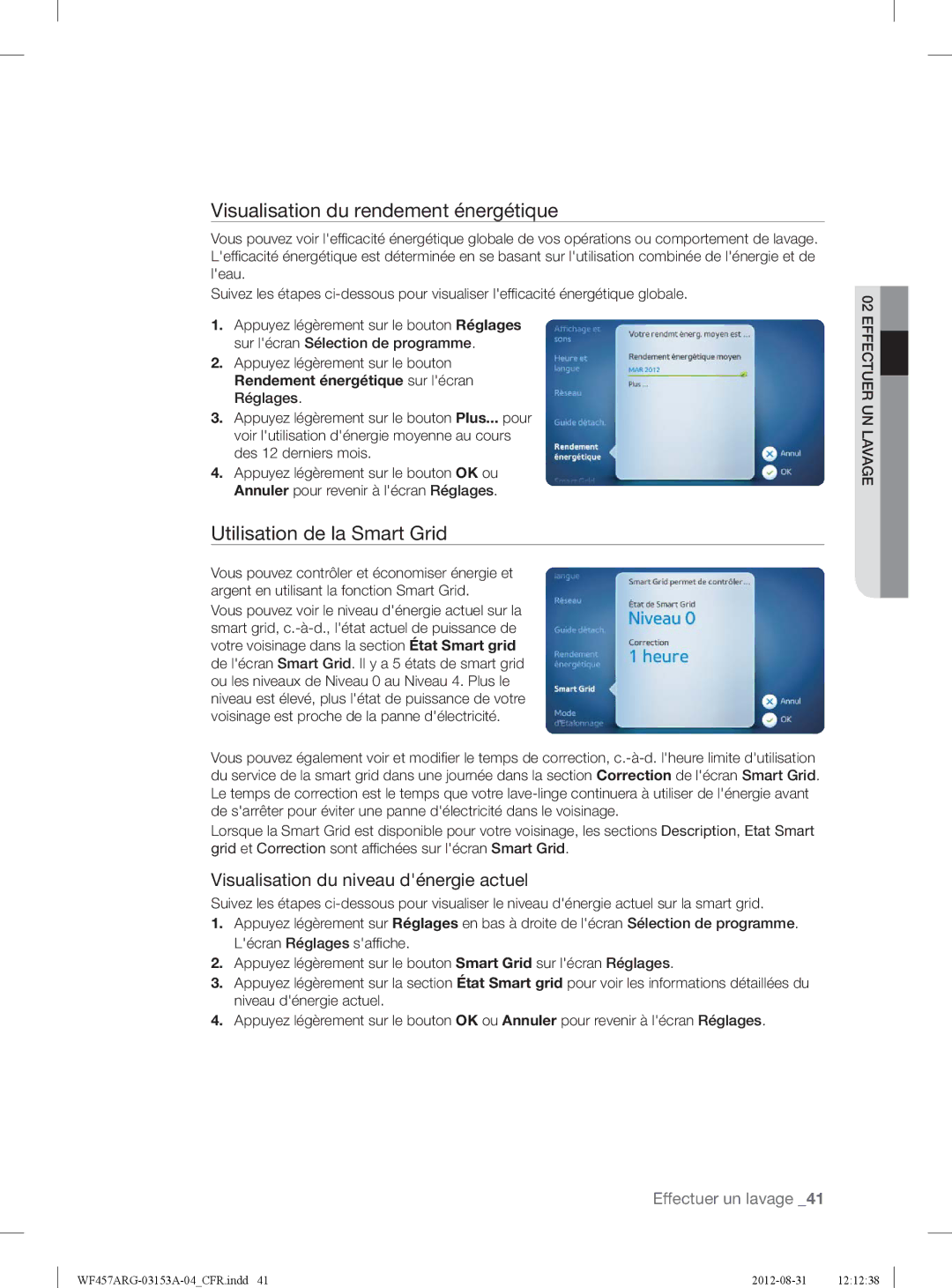 Samsung WF457ARGSGR user manual Visualisation du rendement énergétique, Utilisation de la Smart Grid 