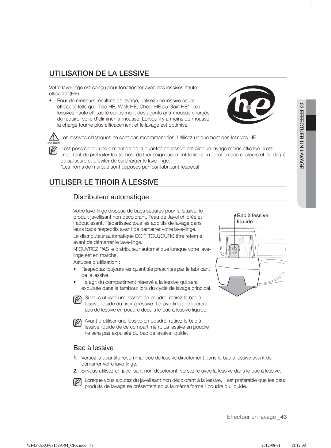 Samsung WF457ARGSGR Utilisation DE LA Lessive, Utiliser LE Tiroir À Lessive, Distributeur automatique, Bac à lessive 