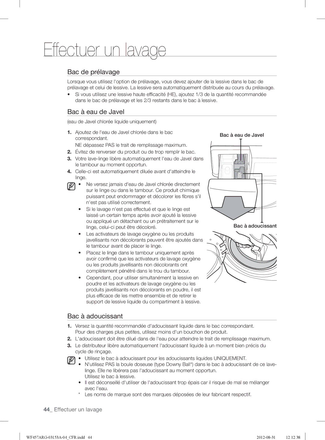 Samsung WF457ARGSGR user manual Bac de prélavage, Bac à eau de Javel Bac à adoucissant 