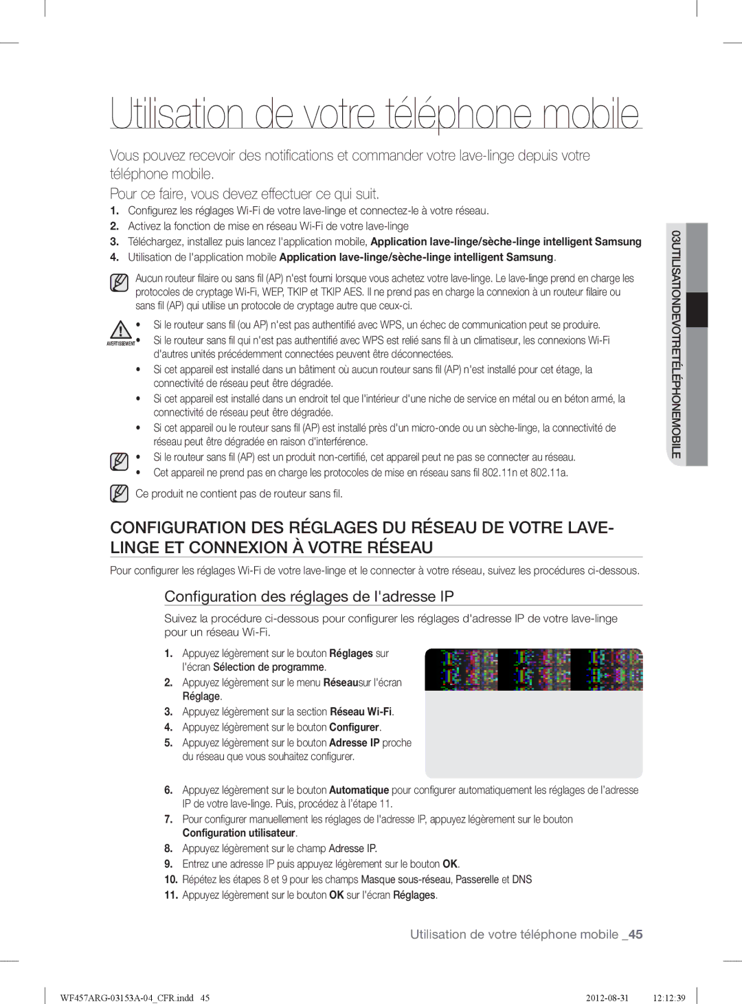 Samsung WF457ARGSGR user manual Utilisation de votre téléphone mobile, Conﬁguration des réglages de ladresse IP 