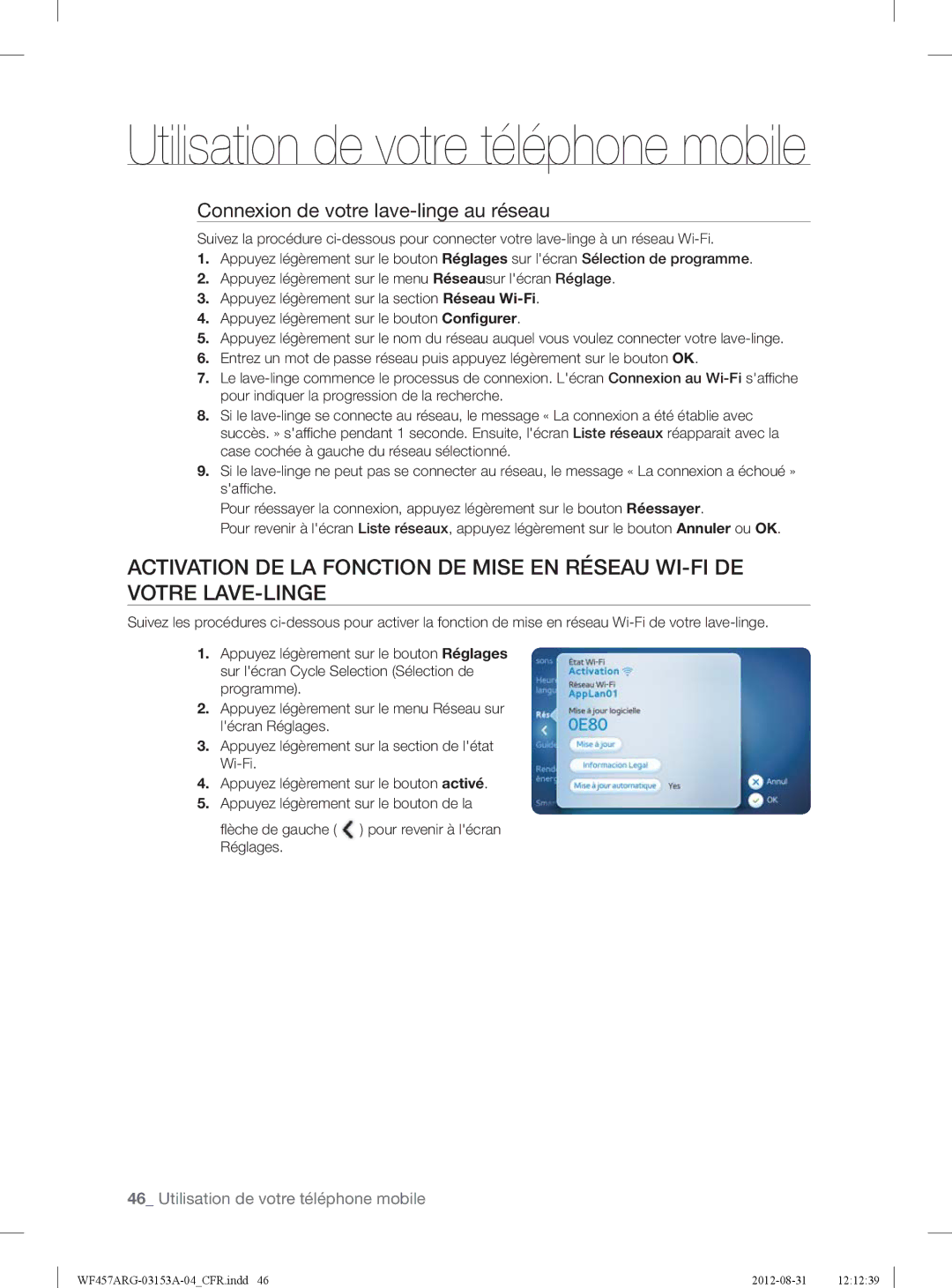 Samsung WF457ARGSGR user manual Utilisation de votre téléphone mobile, Connexion de votre lave-linge au réseau 