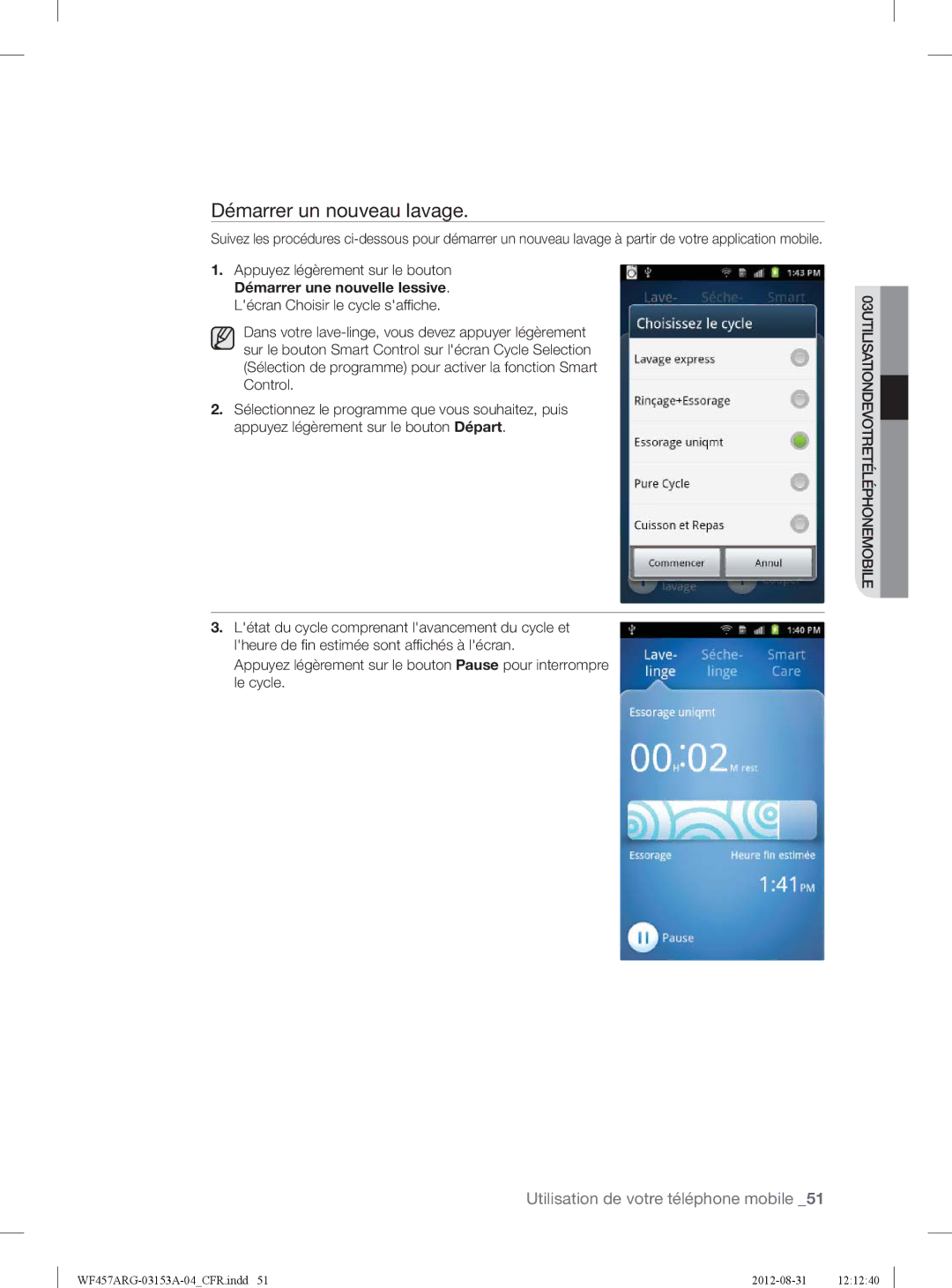 Samsung WF457ARGSGR user manual Démarrer un nouveau lavage 