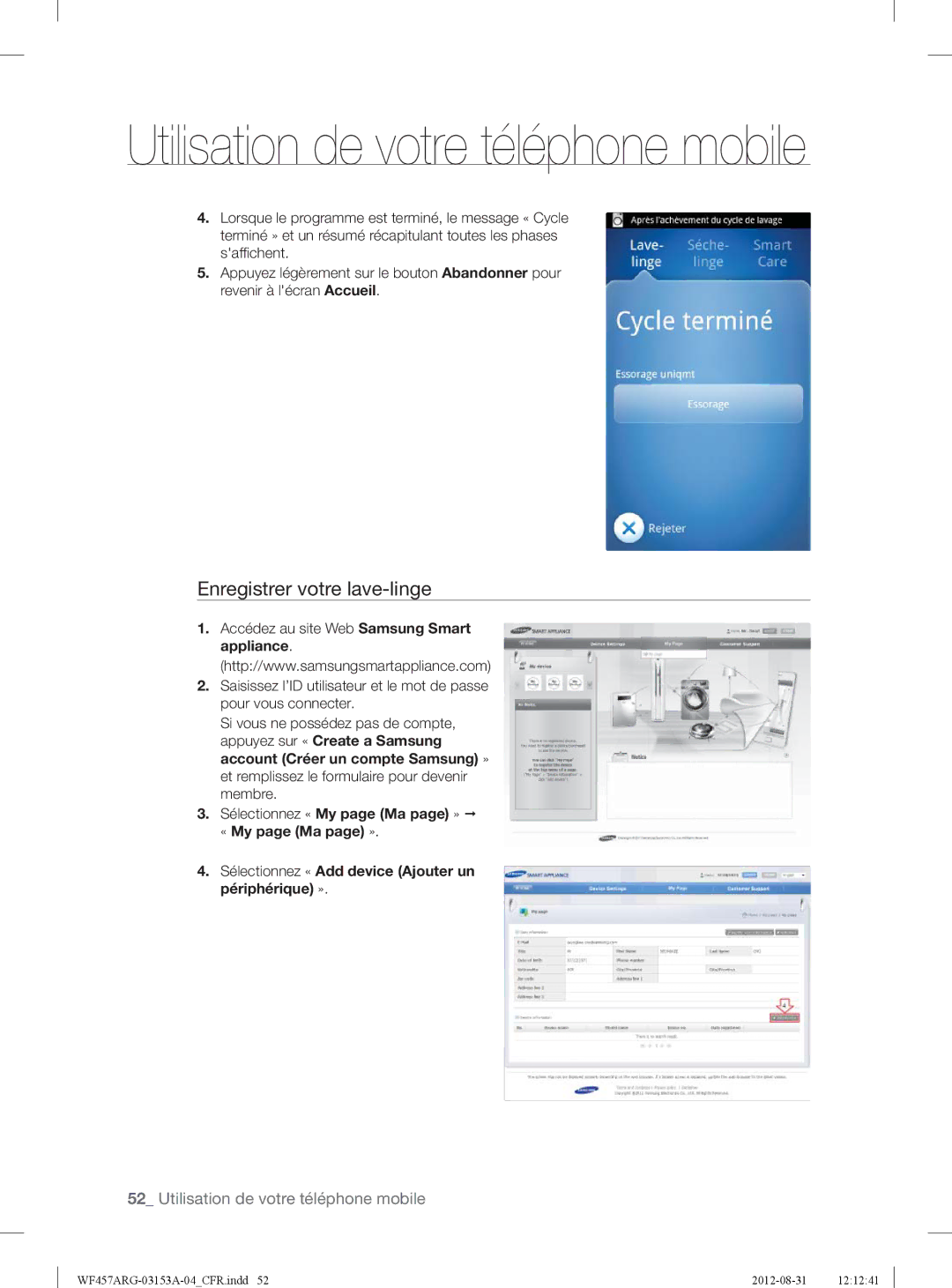 Samsung WF457ARGSGR user manual Enregistrer votre lave-linge 