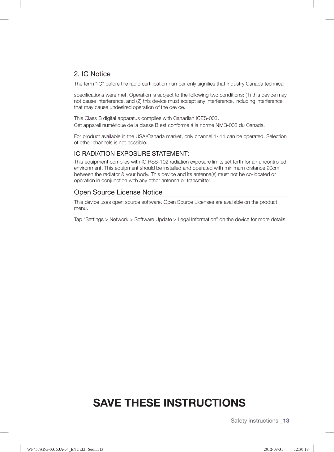 Samsung WF457ARGSGR user manual IC Notice, Open Source License Notice 