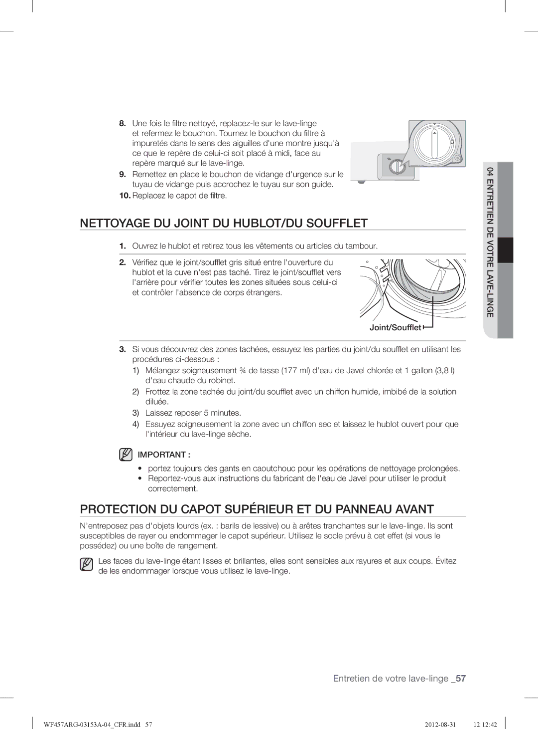 Samsung WF457ARGSGR user manual Nettoyage DU Joint DU HUBLOT/DU Soufflet, Protection DU Capot Supérieur ET DU Panneau Avant 