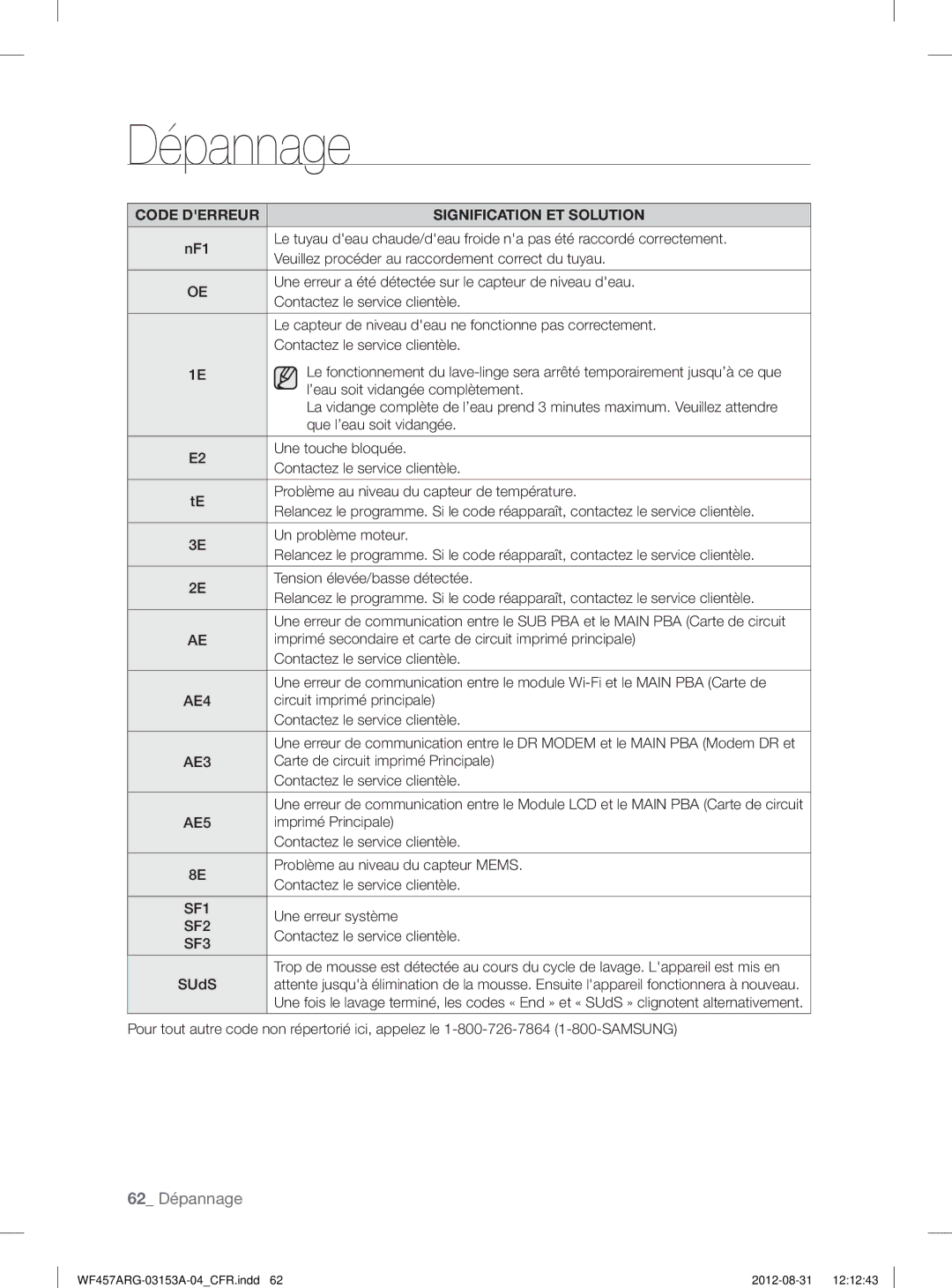 Samsung WF457ARGSGR user manual Veuillez procéder au raccordement correct du tuyau, ’eau soit vidangée complètement 