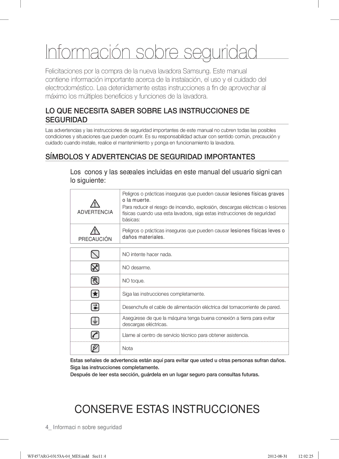 Samsung WF457ARGSGR Información sobre seguridad, LO QUE Necesita Saber Sobre LAS Instrucciones DE Seguridad, La muerte 