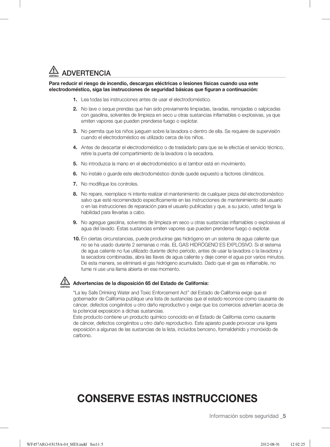 Samsung WF457ARGSGR user manual Advertencias de la disposición 65 del Estado de California 