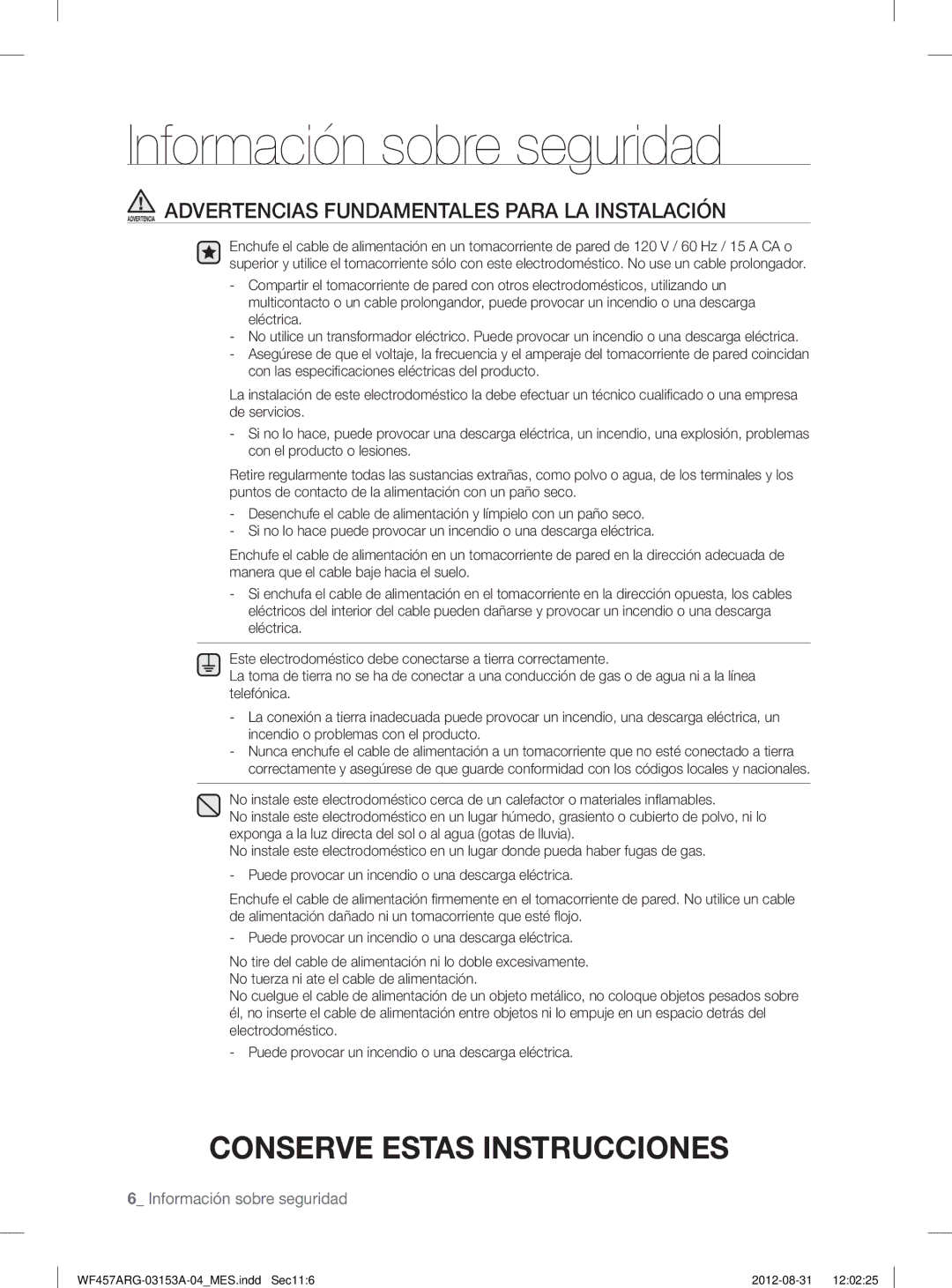 Samsung WF457ARGSGR user manual Advertencia Advertencias Fundamentales Para LA Instalación 