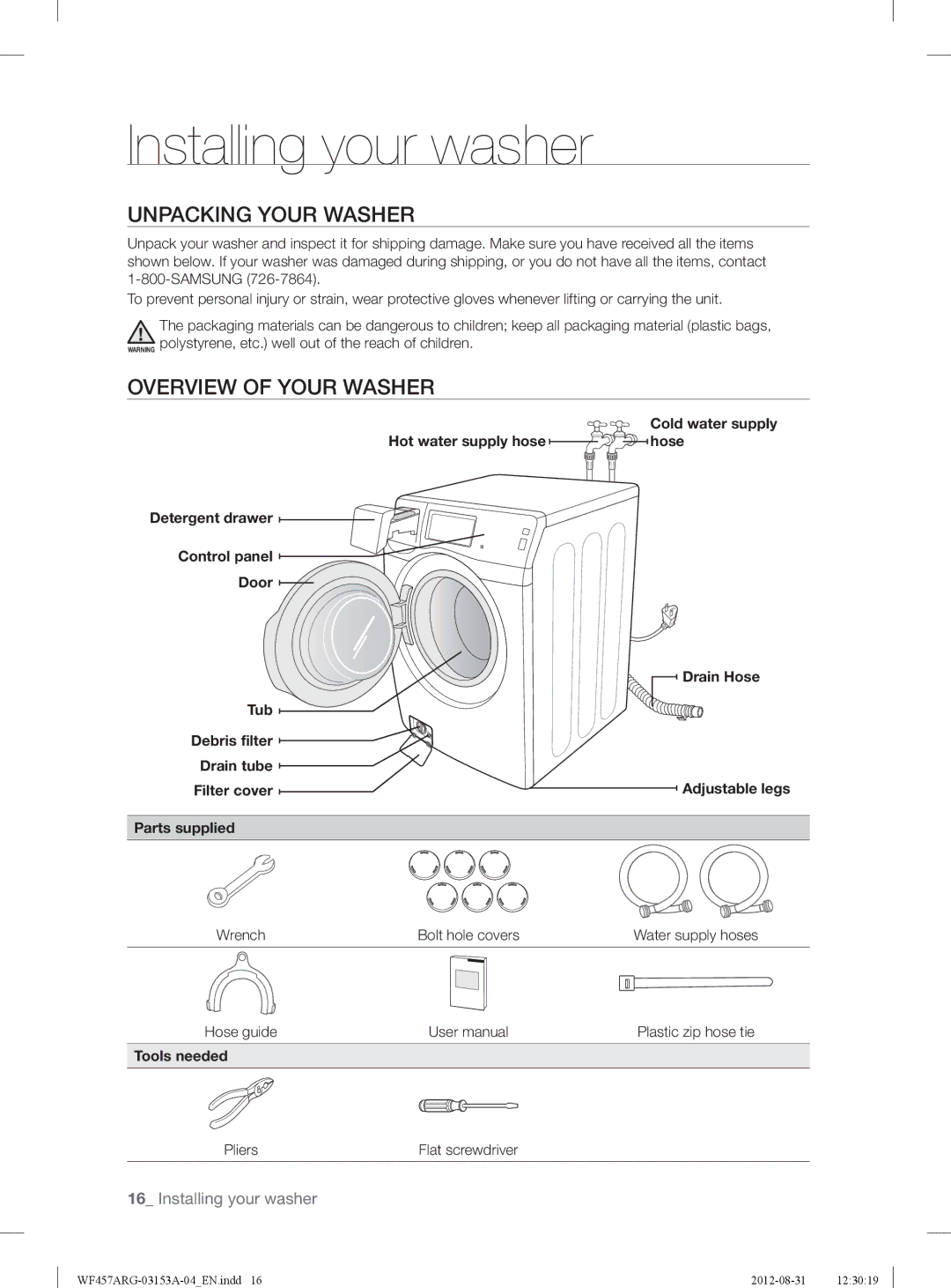 Samsung WF457ARGSGR user manual Installing your washer, Unpacking Your Washer, Overview of Your Washer 