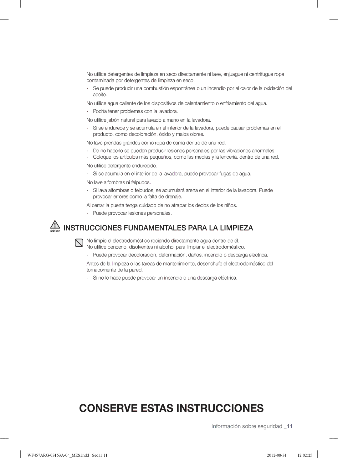 Samsung WF457ARGSGR user manual Advertencia Instrucciones Fundamentales Para LA Limpieza 