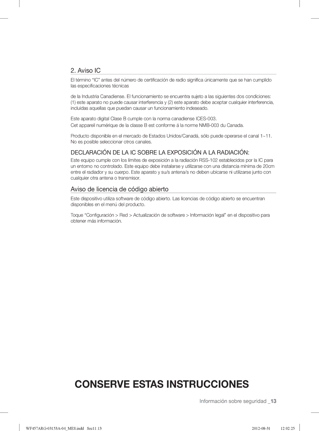 Samsung WF457ARGSGR user manual Aviso IC, Aviso de licencia de código abierto 