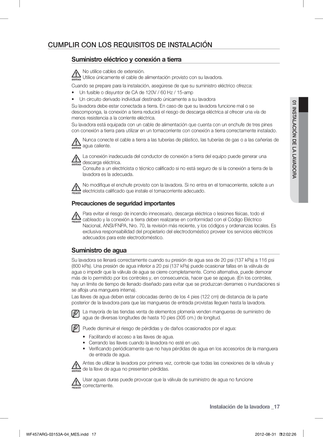 Samsung WF457ARGSGR user manual Cumplir CON LOS Requisitos DE Instalación, Suministro eléctrico y conexión a tierra 