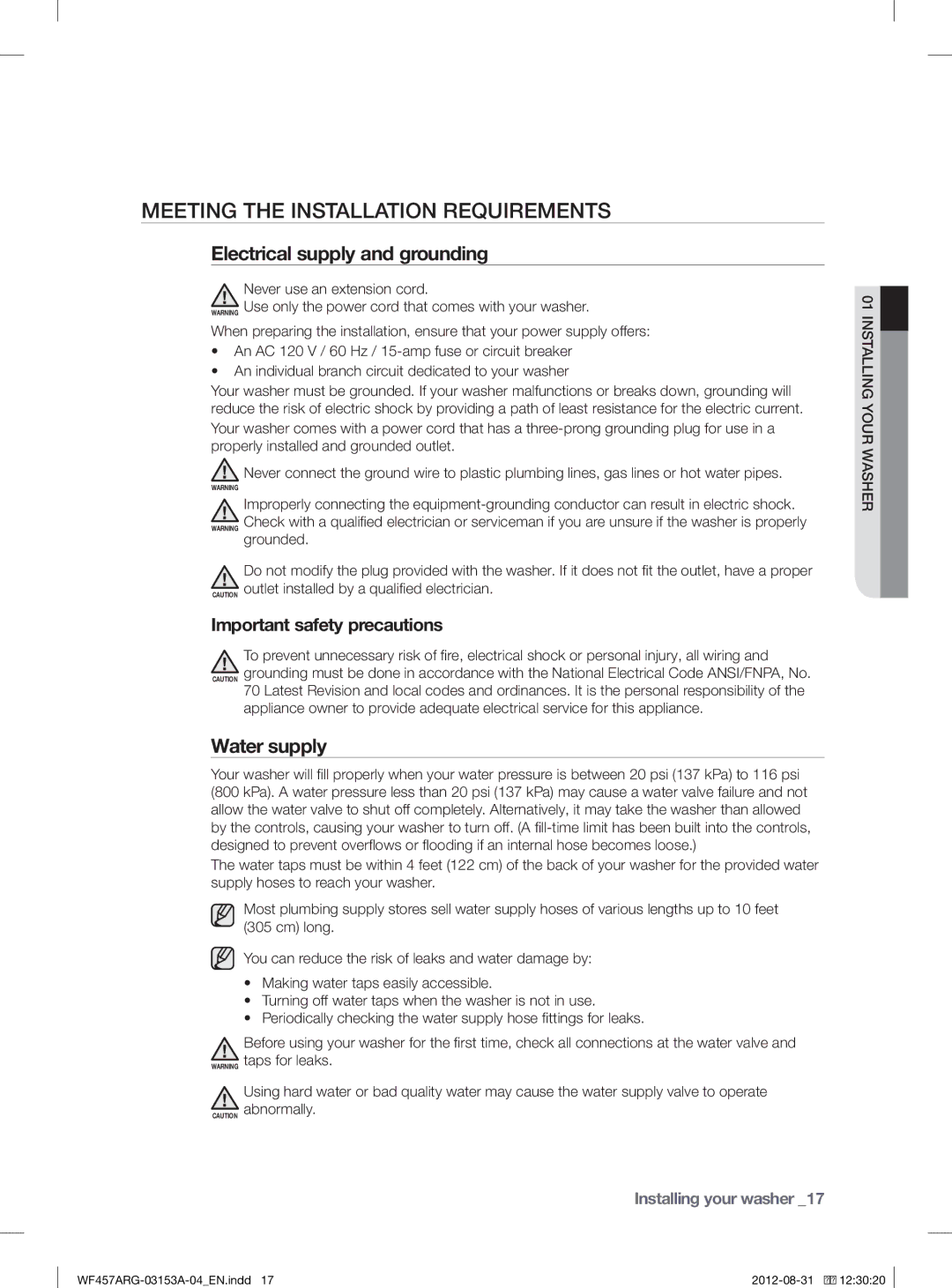 Samsung WF457ARGSGR user manual Meeting the Installation Requirements, Electrical supply and grounding, Water supply 