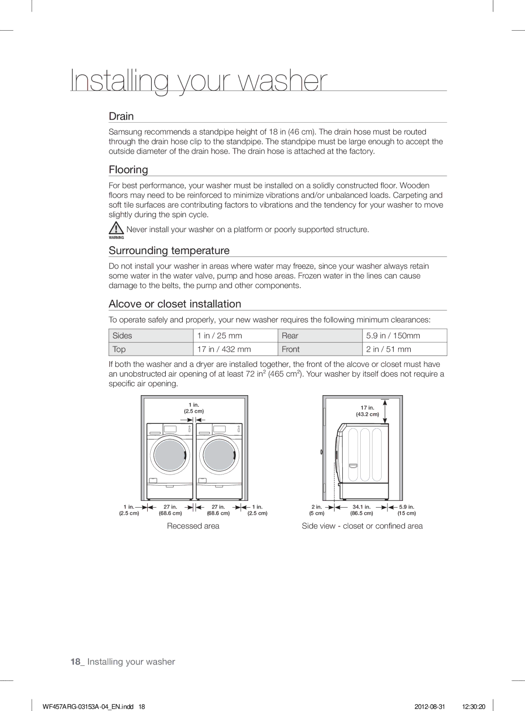 Samsung WF457ARGSGR user manual Drain, Flooring, Surrounding temperature, Alcove or closet installation, Recessed area 