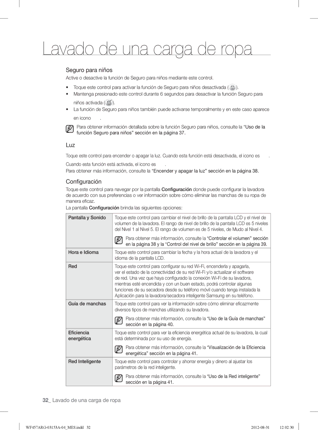 Samsung WF457ARGSGR user manual Seguro para niños, Luz, Conﬁguración 