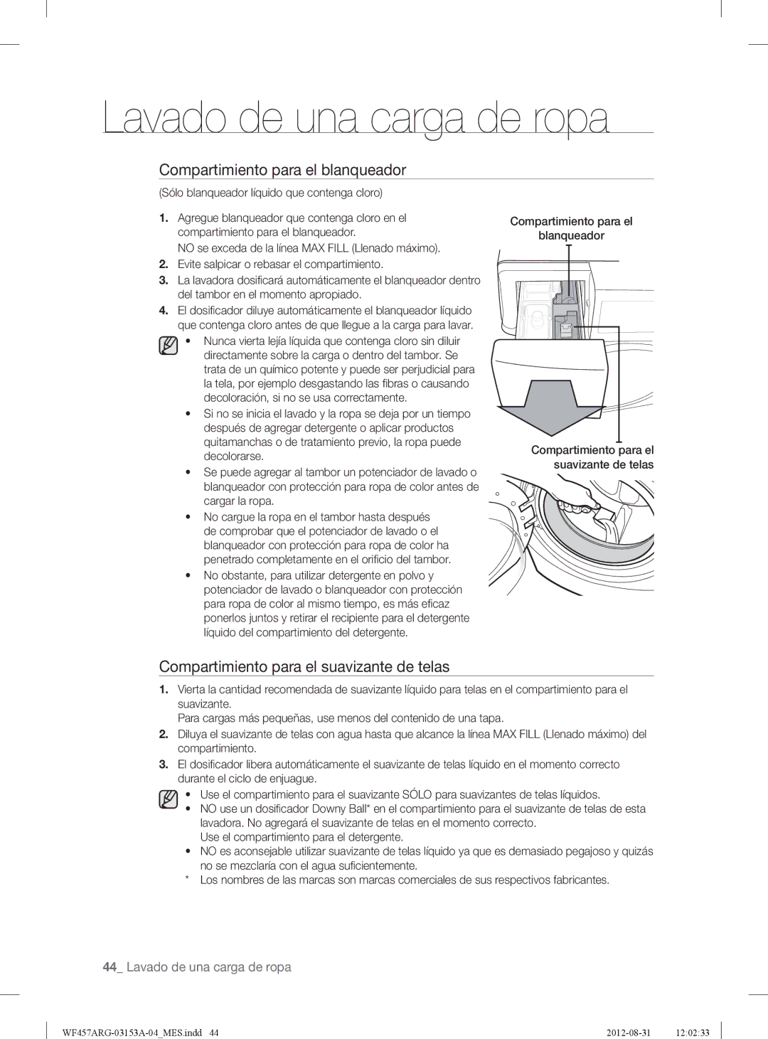 Samsung WF457ARGSGR user manual Compartimiento para el blanqueador, Compartimiento para el suavizante de telas 