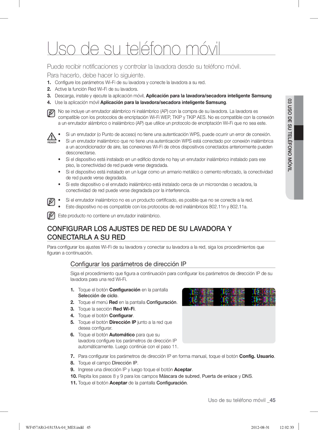 Samsung WF457ARGSGR user manual Uso de su teléfono móvil, Conﬁgurar los parámetros de dirección IP 