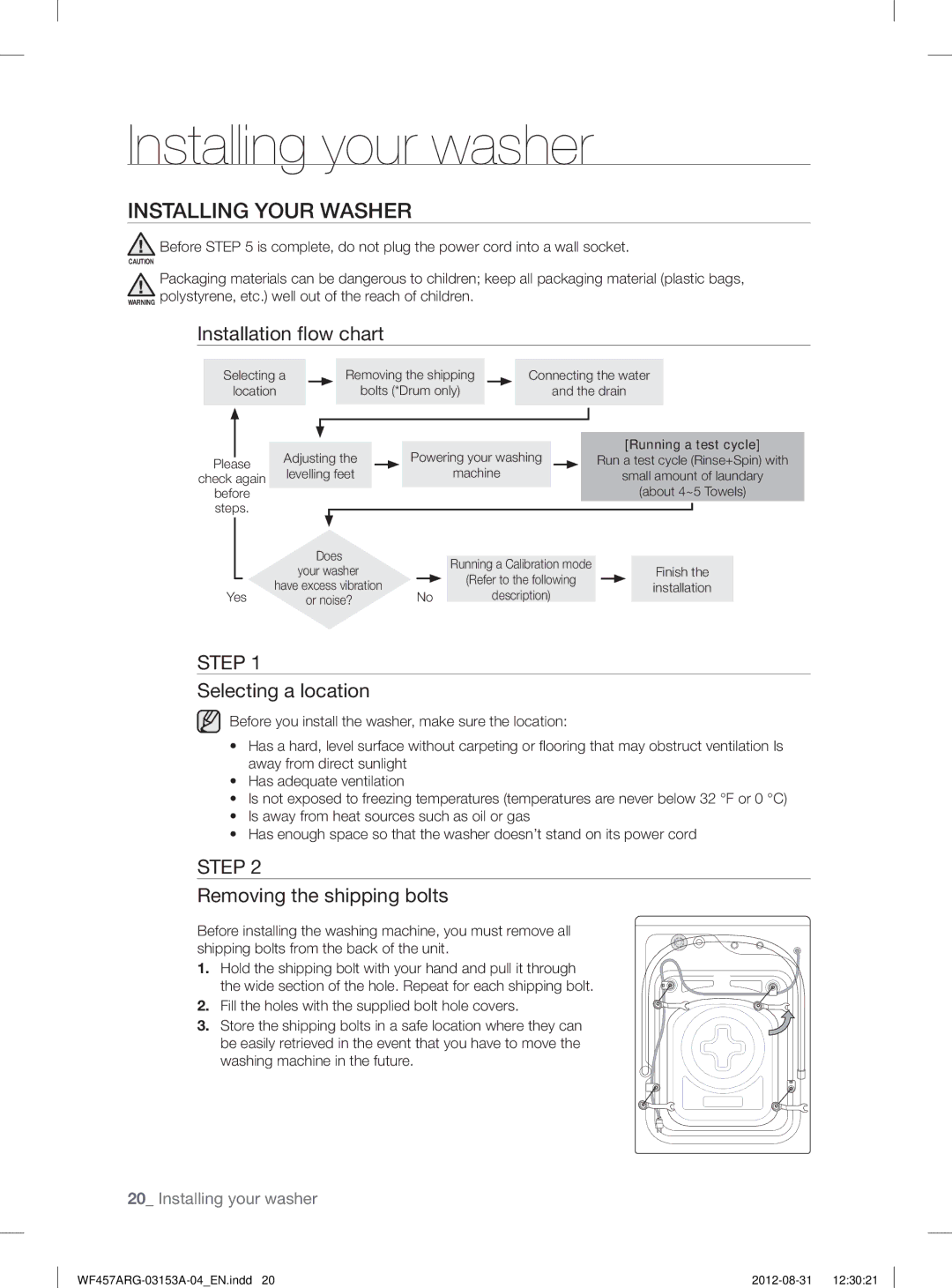 Samsung WF457ARGSGR Installing Your Washer, Installation ﬂow chart, Selecting a location, Removing the shipping bolts 