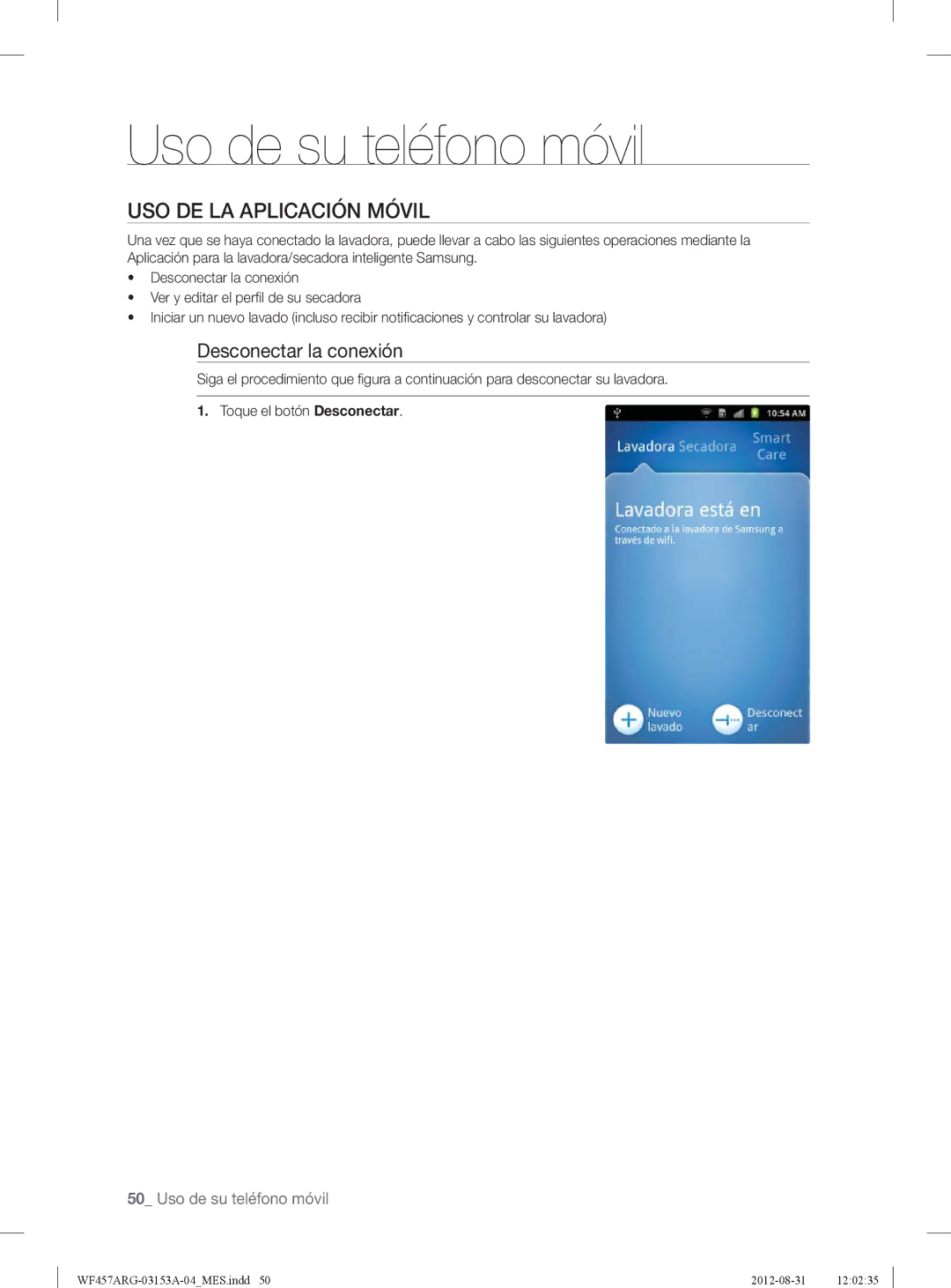 Samsung WF457ARGSGR user manual USO DE LA Aplicación Móvil, Desconectar la conexión 