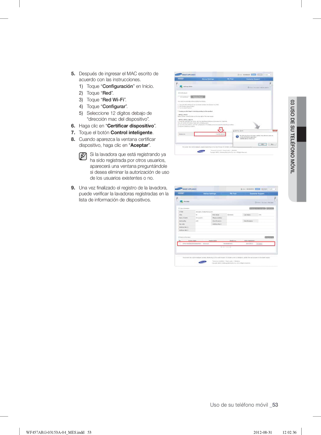 Samsung WF457ARGSGR user manual Uso de su teléfono móvil 