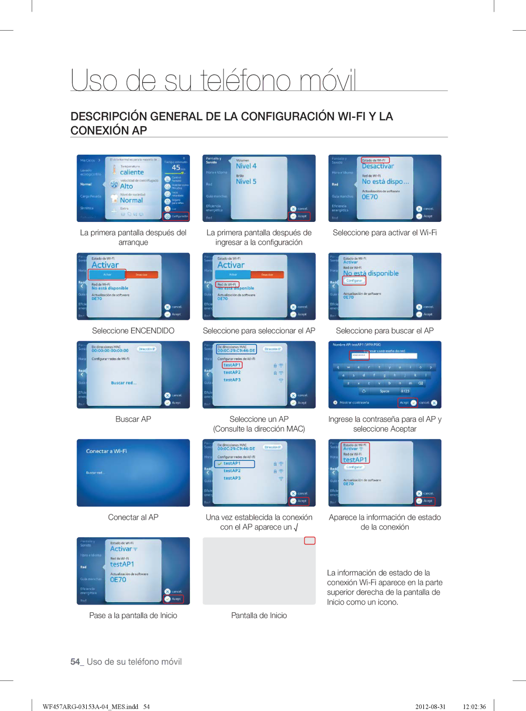 Samsung WF457ARGSGR user manual Seleccione Encendido Seleccione para seleccionar el AP, Buscar AP, Conectar al AP 