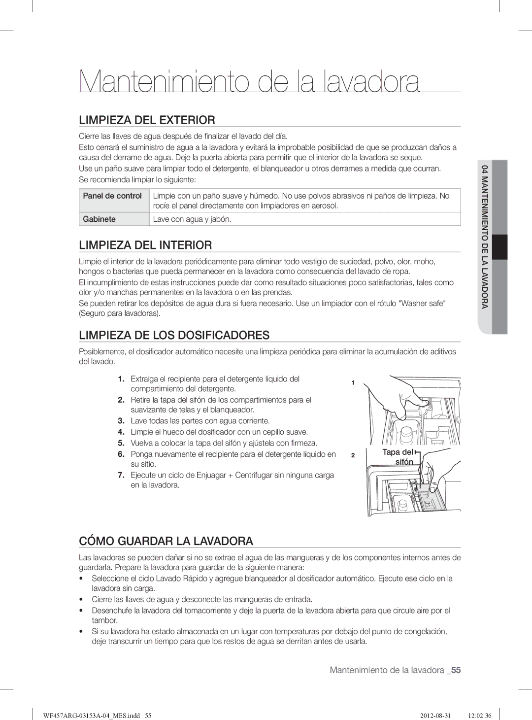 Samsung WF457ARGSGR Mantenimiento de la lavadora, Limpieza DEL Exterior, Limpieza DEL Interior, Cómo Guardar LA Lavadora 