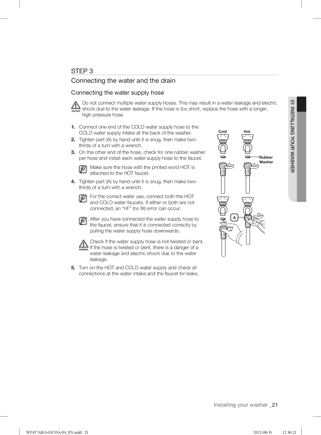 Samsung WF457ARGSGR user manual Connecting the water and the drain, Connecting the water supply hose 