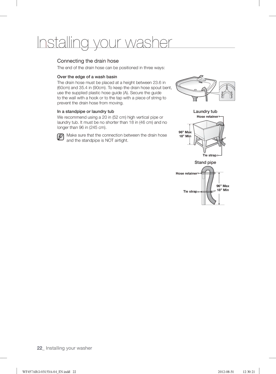 Samsung WF457ARGSGR user manual Connecting the drain hose, Stand pipe 