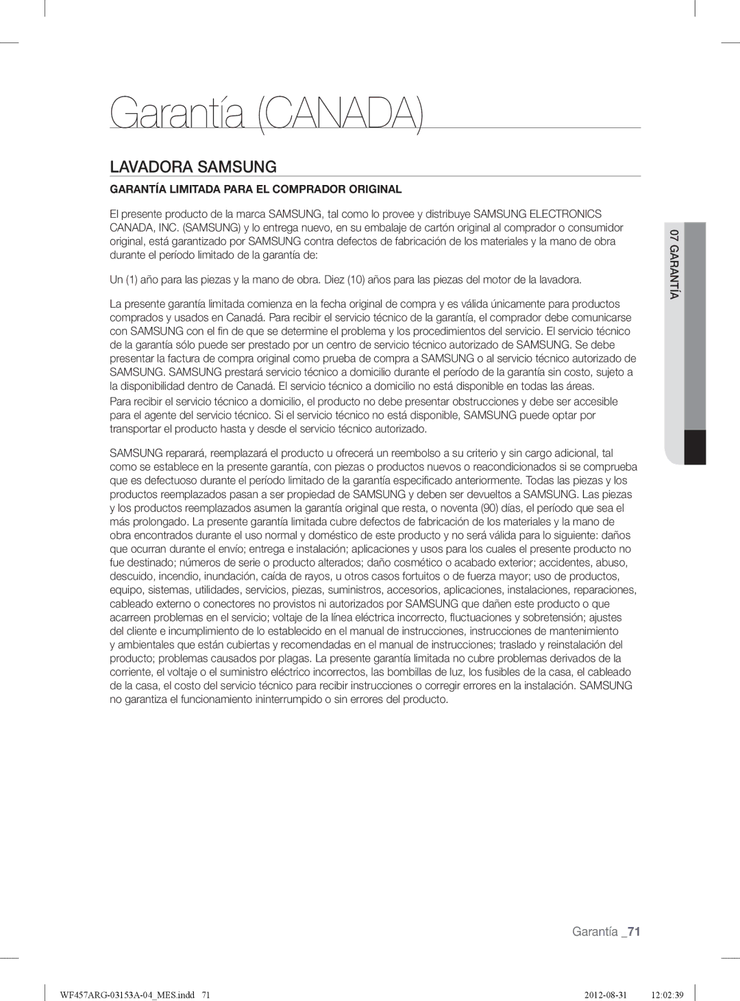 Samsung WF457ARGSGR user manual Garantía Canada 