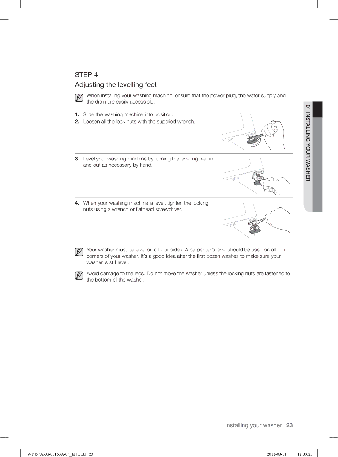 Samsung WF457ARGSGR user manual Adjusting the levelling feet 