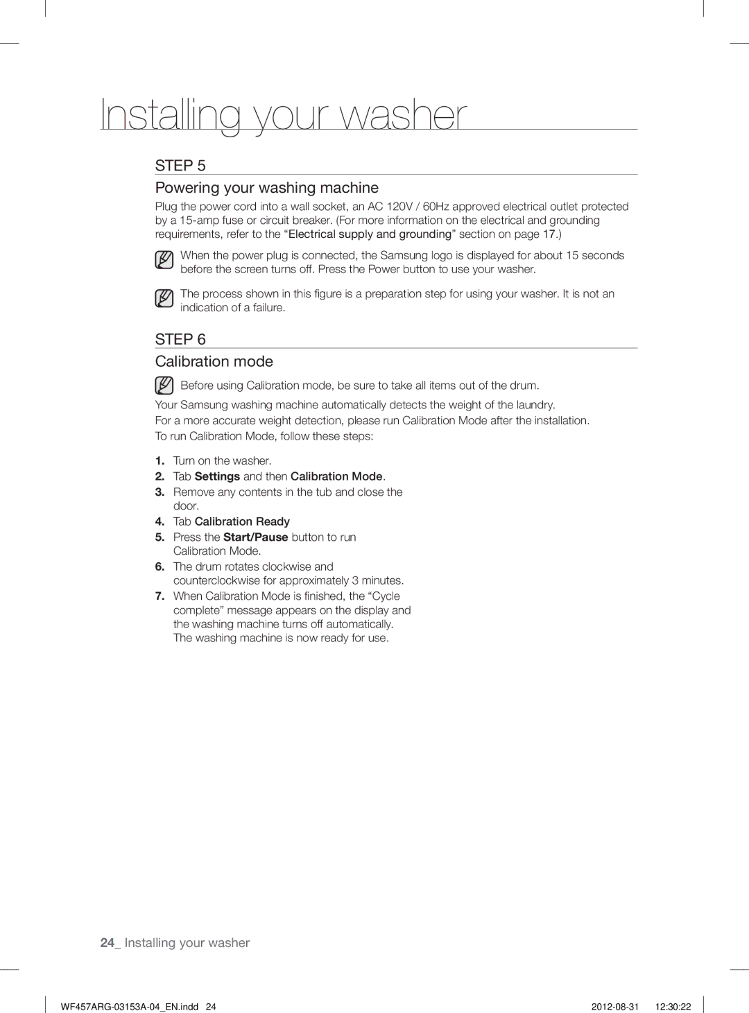 Samsung WF457ARGSGR user manual Powering your washing machine, Calibration mode 